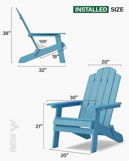 MXIMU Folding Adirondack Chair for Outdoor: Easy to Assemble and Comfortable Adirondack Chairs Set of 8 - All Weather Composite Plastic Chair for Outside Fire Pit Patio Lawn Garden Backyard Use(Blue)
