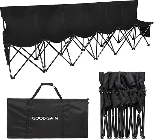 G GOOD GAIN Portable Soccer Bench - Team Bench Soccer 6 Seats with Bag, Sideline Folding Bench, Folded Chair Seating 6 for Football Camp Outdoor Sport Events, Team Chairs for Adults, Black
