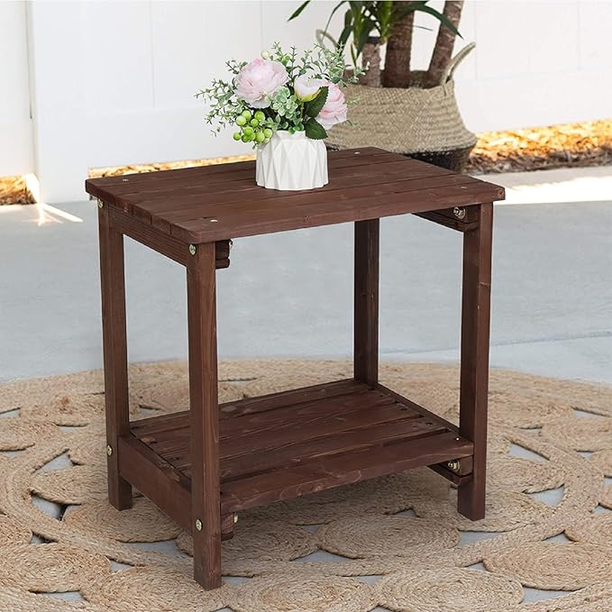 Indoor & Outdoor Side Table 2-Tier, 20” x 14” Heavy Duty Weather Resistant Outdoor Wood Table, Multifunctional and Portable Perfect for The Beach, Camping, Picnics, Cookouts and More