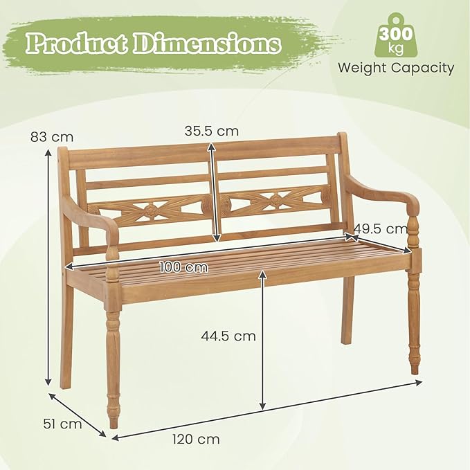Large Outdoor Wood Bench, 2 Person Natural Teak Wood Bench w/Armrests and Backrest, Wood Garden Bench for Porch, Park, Yard and Patio