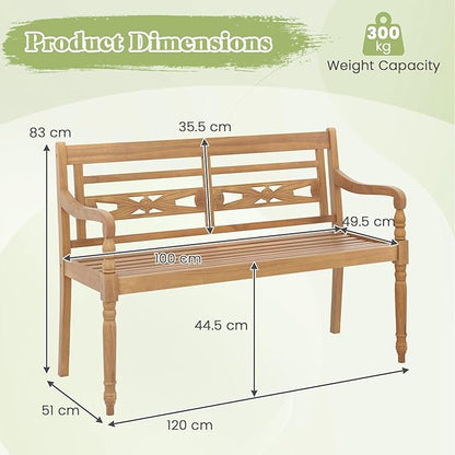 Large Outdoor Wood Bench, 2 Person Natural Teak Wood Bench w/Armrests and Backrest, Wood Garden Bench for Porch, Park, Yard and Patio
