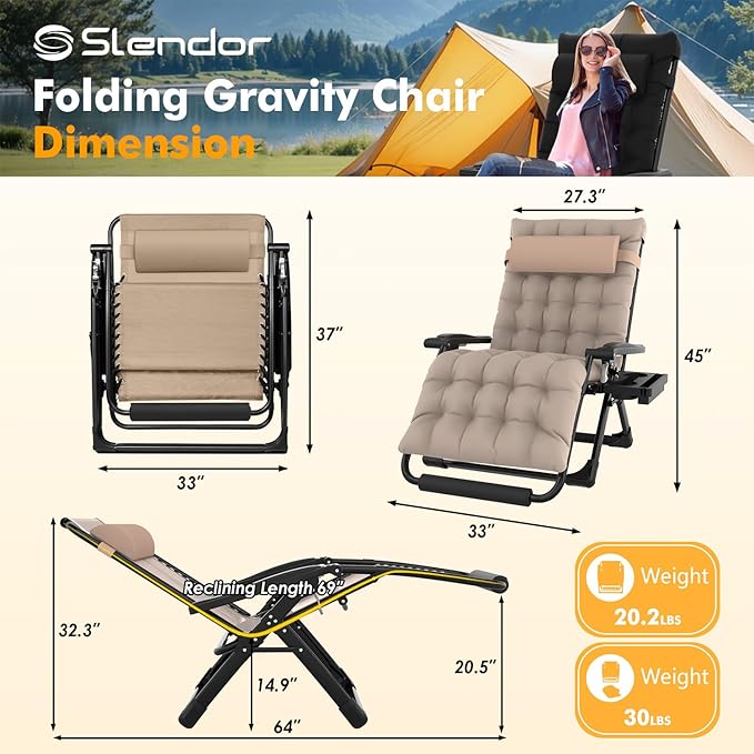 Slendor Oversized Zero Gravity Chairs XXL, Padded Zero Gravity Lounge Chair, Lawn Recliner - Photo 2