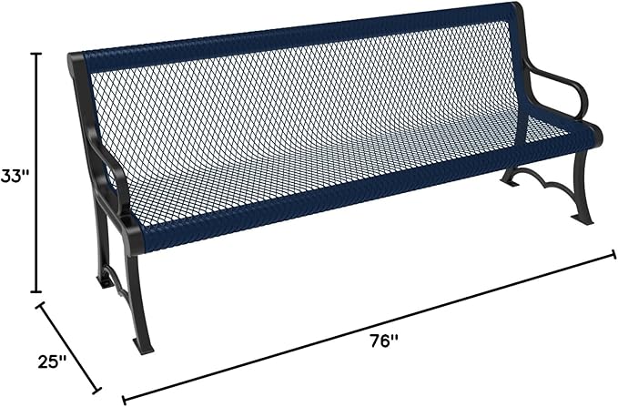COATEDOUTDOORFURNITURE Heavy-Duty Outdoor Bench Thermoplastic Coated, Expanded Metal, Commercial-Grade Garden Bench, Made in America (Portable with Back, 6 Ft, Textured Dark Blue)