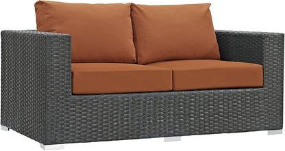 Modway Sojourn Wicker Rattan Outdoor Patio Sunbrella Fabric Loveseat in Canvas Tuscan