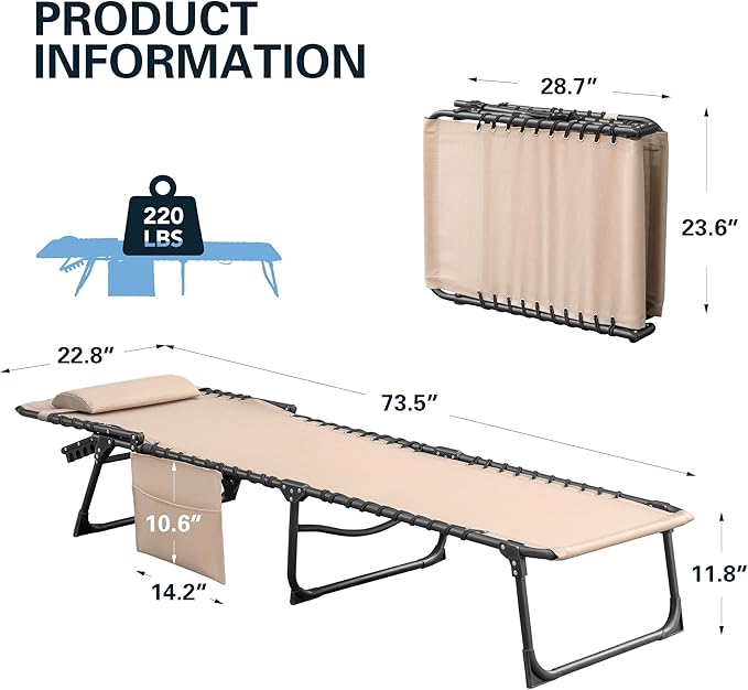 Greesum Chaise Lounge Folding Tanning Chair with 5 Position Adjustable Back, Detachable Pillow & Pocket Outside Pool, Beach, Sunbathing, Beige