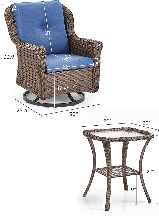 3 Piece Patio Swivel Chairs and Side Table Set - High Back Outdoor Brown Wicker Rattan Rocking Glider with Thick - Photo 3