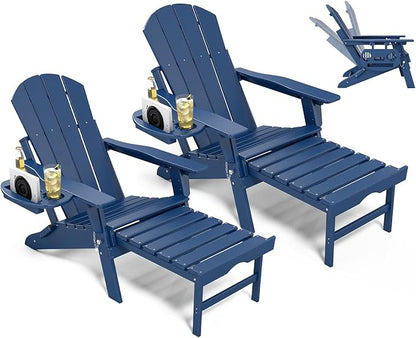 Adjustable Adirondack Chair with Retractable Ottoman Set of 2, HDPE Folding Adirondack Chair with Cup Holder, All Weather Fire Pit Chair for Outdoor.
