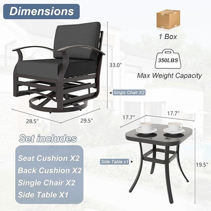 Kurapika 3 Pieces Patio Furniture Set, Outdoor Aluminum Swivel Gliders Rocker, Patio Bistro Set Rocking Chair with Thickened Cushions and Side Table for Porch Garden Deck (Black)