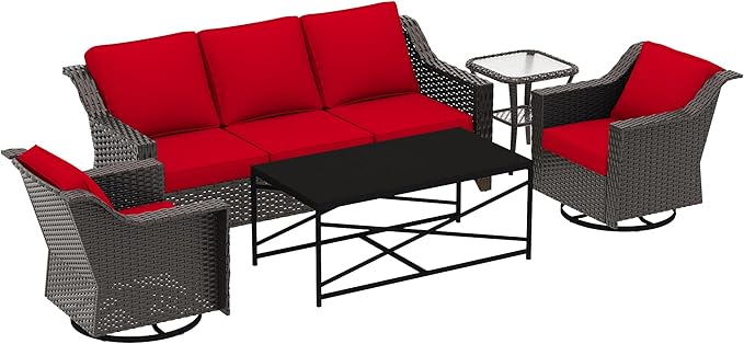 5 Pieces Outdoor Conversation Furniture Set - 77" Patio Sofa, 2 Swivel Rocker Chairs, 1 Side Table, 1 Metal Coffee Table - Photo 6