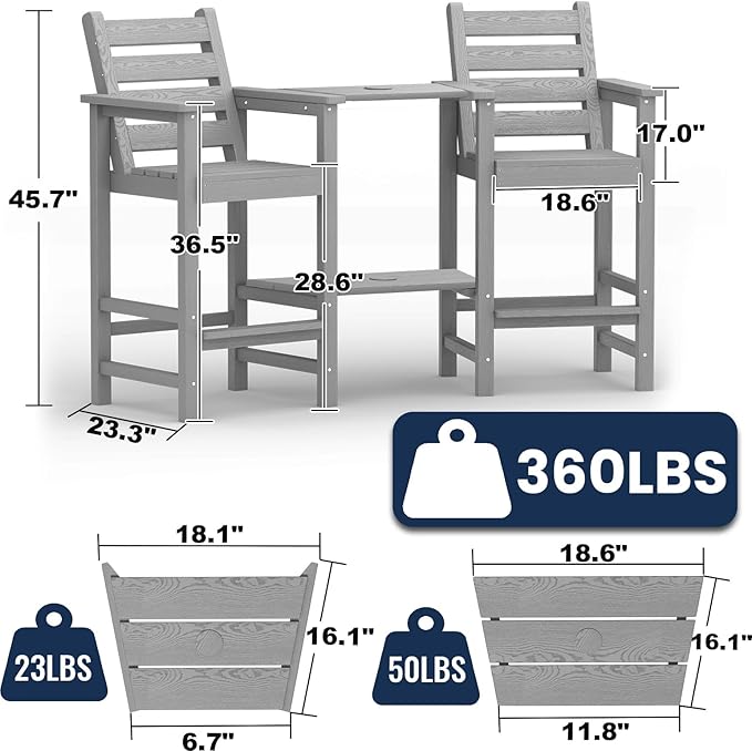 PLUUV Tall Adirondack Chairs Set of 2, All Weather HDPE Poly Bar Height Balcony Adirondack Chair with Removable Double Connecting Trays, Outdoor Adirondack Barstools for Deck, Patio, Yard, Pool, Lawn