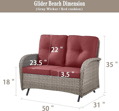 Belord Outdoor Glider Bench Patio Loveseat - 500 Lbs Weight Capacity 2 Seater Wicker Sofa, Small Porch Glider Furniture All Weather Rattan Couch with Removble Cushion for Balcony Deck Backyard, Gray