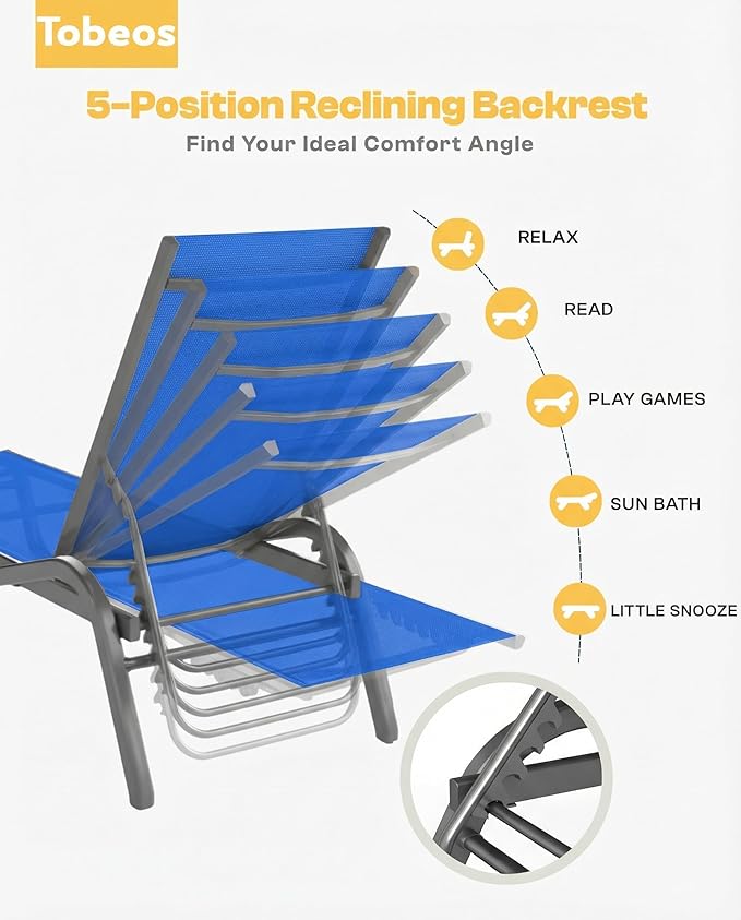 Outdoor Chaise Lounge Chair Set of 2, 5-Position Adjustable Patio Lounge Chair with Aluminum Frame, Textilene Fabric Pool Loung Chairs for Poolside, Deck, Backyard (Royal Blue)
