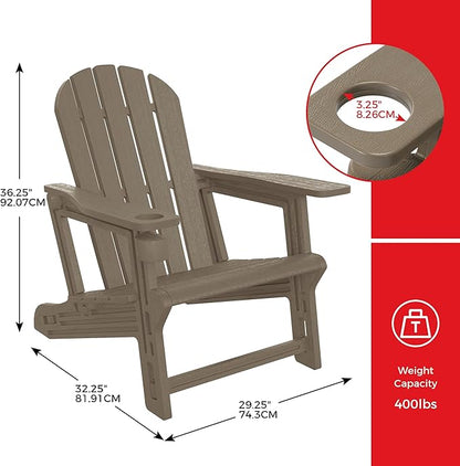 Costaelm Cayman Hardware-Free Assembly Outdoor Patio HDPE Poly Plastic Adirondack Chair with Cup Holder (Set of 2), Weathered Wood