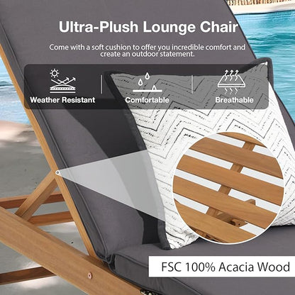 Patiorama Patio Acacia Wood Chaise Lounge Set of 4, Outdoor Folding Lounge Chair Recliner w/Adjustable Backrest, Wheels,Padded Cushion, Portable Sun Lounger Pool Chair for Deck,FSC Certified,Dark Grey
