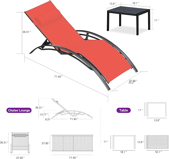 PURPLE LEAF Patio Oversized Chaise Lounge Chair Set with 2 Side Table Pool Adjustable Recliner Chairs for Outside Beach Outdoor Sunbathing Tanning Poolside Lounges