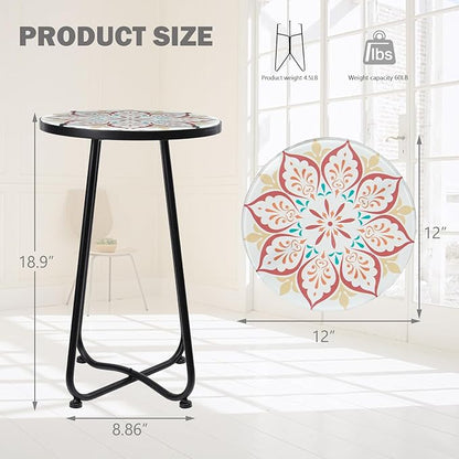 VCUTEKA Patio Side Table Outdoor Accent Table Bistro Coffee Table Plant End Table Small Porch Table Indoor Round Glass Balcony Plant Table Stands Khaki Flower 12 inches