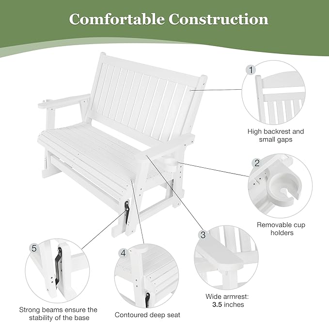 HIPS Patio Glider with Cup Holders, Durable Poly Lumber Material, All-Weather Resistant - Photo 6