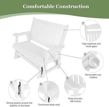 HIPS Patio Glider with Cup Holders, Durable Poly Lumber Material, All-Weather Resistant, High Backrest and Deep Contoured Seat, Heavy Duty 900 LB, for Outdoor, Porch, Patio (White, 2-Seat)