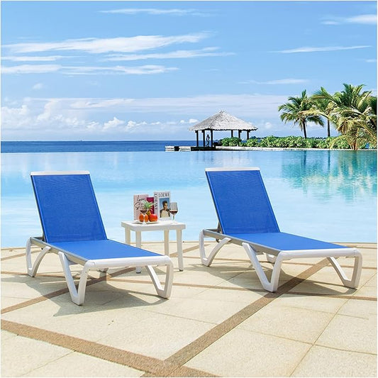 Domi Outdoor Chaise Lounges, Adjustable Aluminum Patio Lounges, Plastic Pool Lounge Chairs for Deck Lawn Backyard(2 Blue Lounges W/Table)