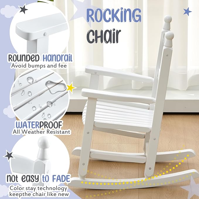 Kids Rocking Chair Cushion Pad Set Toddler Rocking Chair Indoor Outdoor Wooden Rocker Child Patio Rocker for Porch Balcony Lawn Indoor Outdoor(White,Ages 2-5)
