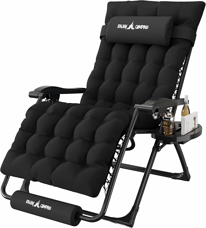 Amopatio Oversized Padded Zero Gravity Chair, XL 29In Reclining Camping Lounge Chair w/Removable Cushion&Headrest, Upgraded Lock and Footrest, Folding Patio Recliner for Indoor Outdoor, Black