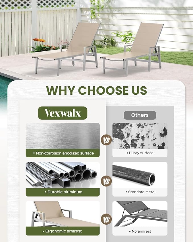 Patio Chaise Lounge Chair Outdoor with Wheels&Armrests, Aluminum Pool Lounge Chairs 5-Position Adjustable Recliner, Outdoor Beach Lounge Chairs for Poolside, Patio, Deck, Yard, Khaki