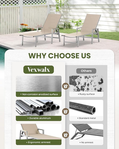 Patio Chaise Lounge Chair Outdoor with Wheels&Armrests, Aluminum Pool Lounge Chairs 5-Position Adjustable Recliner, Outdoor Beach Lounge Chairs for Poolside, Patio, Deck, Yard, Khaki