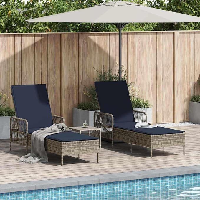 Sun Lounger Set for Patio, 2 Gray Poly Rattan Chaise Lounge Chairs 13.8 x 13.8 x 12.6 in with Adjustable Backrest - Photo 1