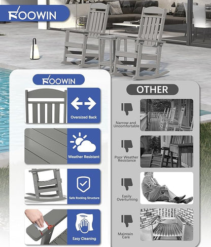 FOOWIN Outdoor Rocking Chair Set of 4, High Back Patio Rocking Chair, HDPE All Weather Resistant Porch Rocker for Adult, Oversized Rocking Chairs for Garden, Lawn, Indoor & Outdoor Use, Grey