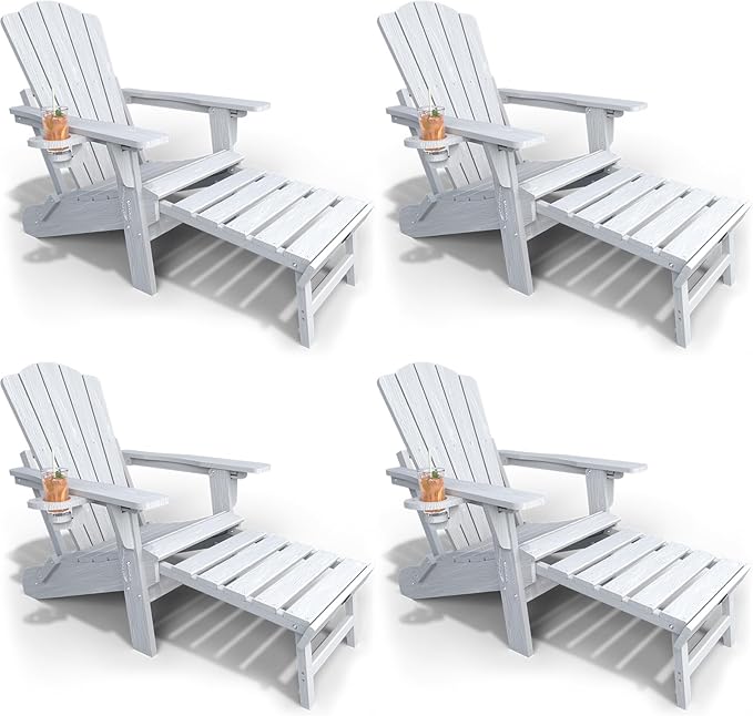 Adjustable Adirondack Chairs with Retractable Ottoman Set of 4, HDEP Folding Adirondack Chair with Footrest & Cup Holder, All Weather Fire Pit Chair for Outdoor,White