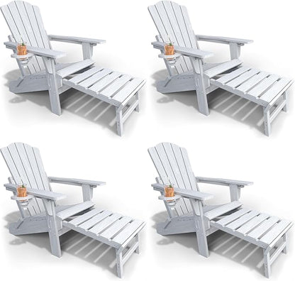 Adjustable Adirondack Chairs with Retractable Ottoman Set of 4, HDEP Folding Adirondack Chair with Footrest & Cup Holder, All Weather Fire Pit Chair for Outdoor,White
