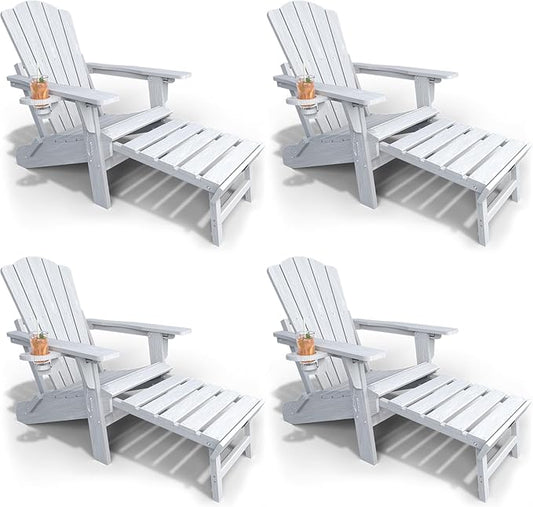 Adjustable Adirondack Chairs with Retractable Ottoman Set of 4, HDEP Folding Adirondack Chair with Footrest & Cup Holder, All Weather Fire Pit Chair for Outdoor,White