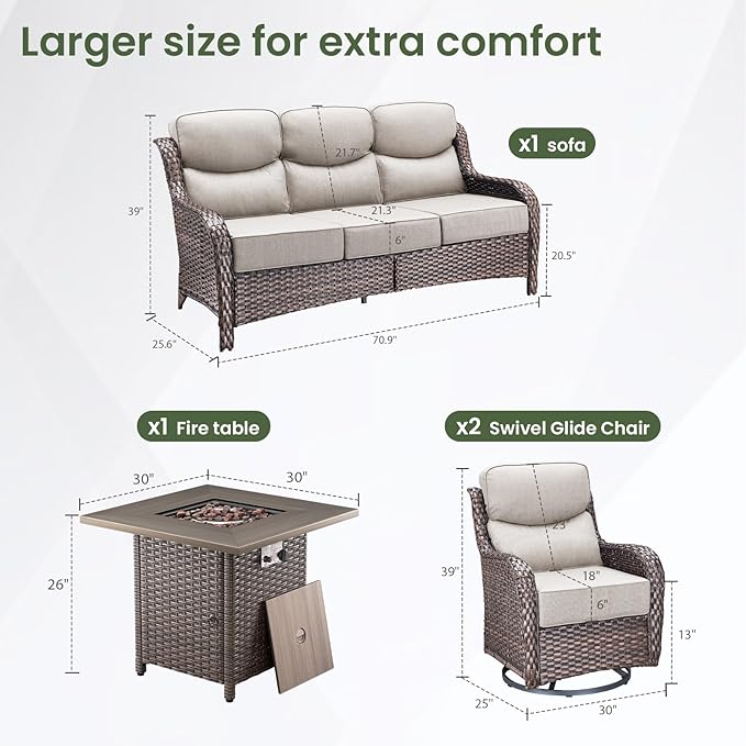 Luxury Patio Furniture Set with 6-inch Thick Cushion, Outdoor Furniture with Fire Pit Table, Swivel Chairs, Sofa - Photo 5