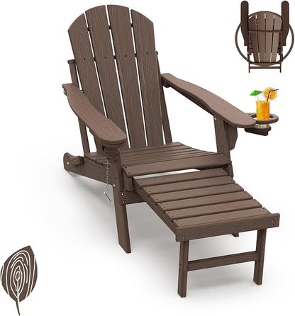 GREENVINES Adirondack-Chairs-with-Ottoman | Wood Grain | Dark Brown | Folding | Retractable-Footrest | HDPE Plastic | All Weather Fire Pit Chair | Cup Holders | for Outdoor Poolside