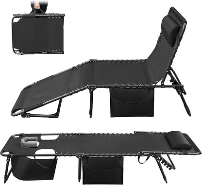 Greesum Chaise Lounge Folding Tanning Chair with 5 Position Adjustable Back, Detachable Pillow & Pocket for Outside Pool, Beach, Sunbathing, Black w/Face Hole