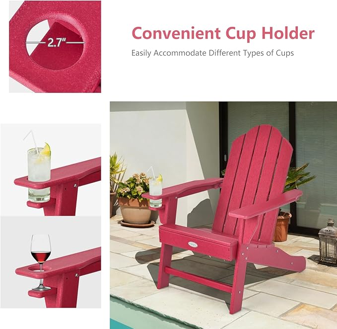 Tangkula Adirondack Chair Outdoor, Fade Resistant HDPE Armchairs with Cup Holder, Weather Resistant Lounger Chairs for Patio Garden Backyard Deck, Lawn Porch Seating, Adirondack Lounger (2, Red)
