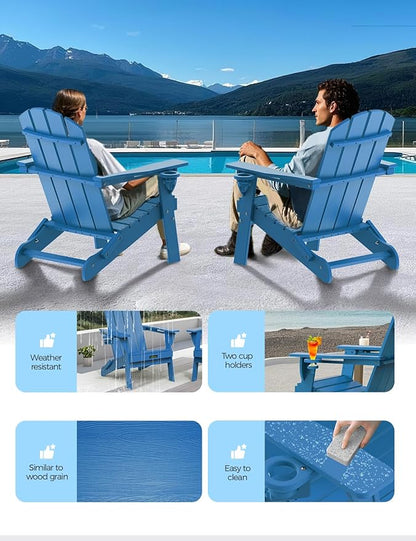 Folding Adirondack Chair Set of 2, Wooden Textured Plastic Adirondack Chairs with 2 Cup Holder, Weather Resistant HDPE Fire Pit Chair, Outdoor Patio Chairs for Garden, Backyard, Lawn, Deck, Blue