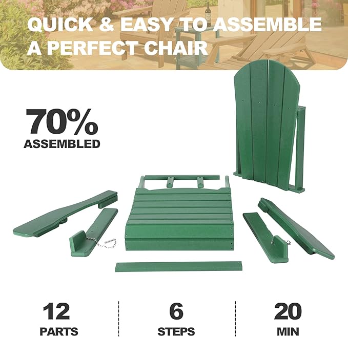 Adirondack Chairs Set of 2 with Cushions & Cup Holders, HDPE Weather Resistant Folding Adirondack Chair for Adults - Photo 7