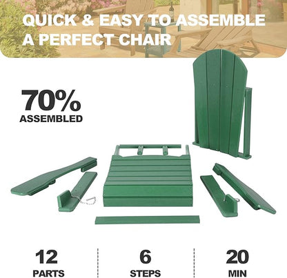 Adirondack Chairs Set of 2 with Cushions & Cup Holders, HDPE Weather Resistant Folding Adirondack Chair for Adults, Outdoor Fire Pit Chairs for Patio/Porch/Swimming Pool/Garden (2, Green)