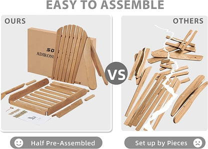 Outdoor Wooden Folding Adirondack Chair Set of 2 with Pre-Assembled BackRest, Wood Patio Chair for Garden Backyard Porch Pool Deck Firepit