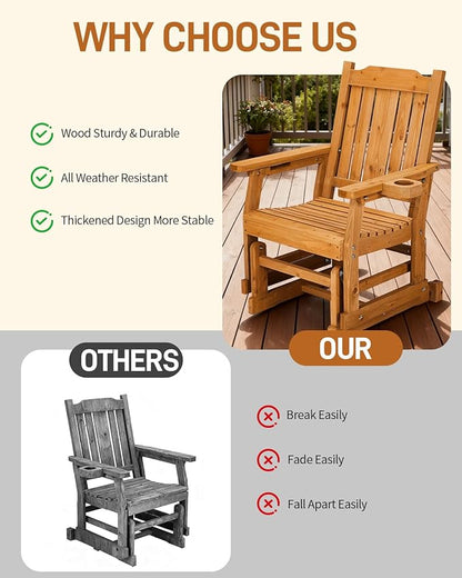 Outvita Patio Glider with Cup Holders, Wooden Outdoor Glider Bench with High Roll Back & Deep Contoured Seat, Smooth Porch Glider Chair Heavy Duty 600 Lbs, Teak Brown