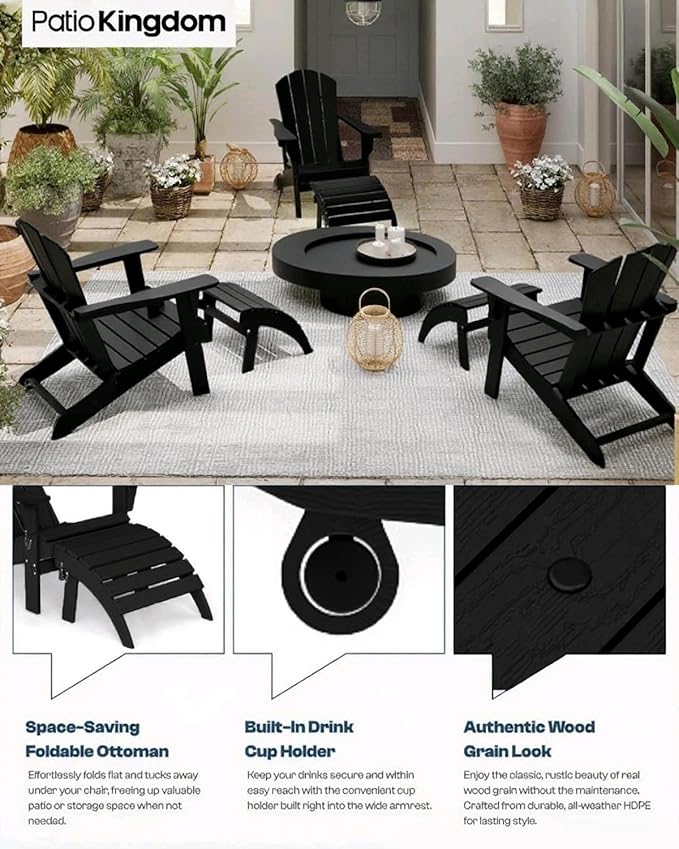 Folding Adirondack Ottoman Footrest, HDPE Plastic Outdoor Footstool No Assembly Required, All-Weather Foldable Ottoman for Adirondack Chair, Patio, Lawn, Garden, Deck, Poolside, Fire Pit, Black