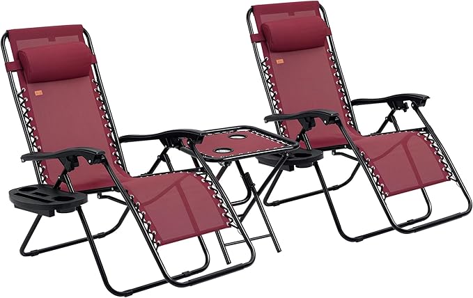 Outsunny Zero Gravity Chair Set with Side Table, Folding Reclining Chair with Cupholders & Pillows, Adjustable Lounge Chairs for Pool, Backyard, Lawn, Beach, Wine Red