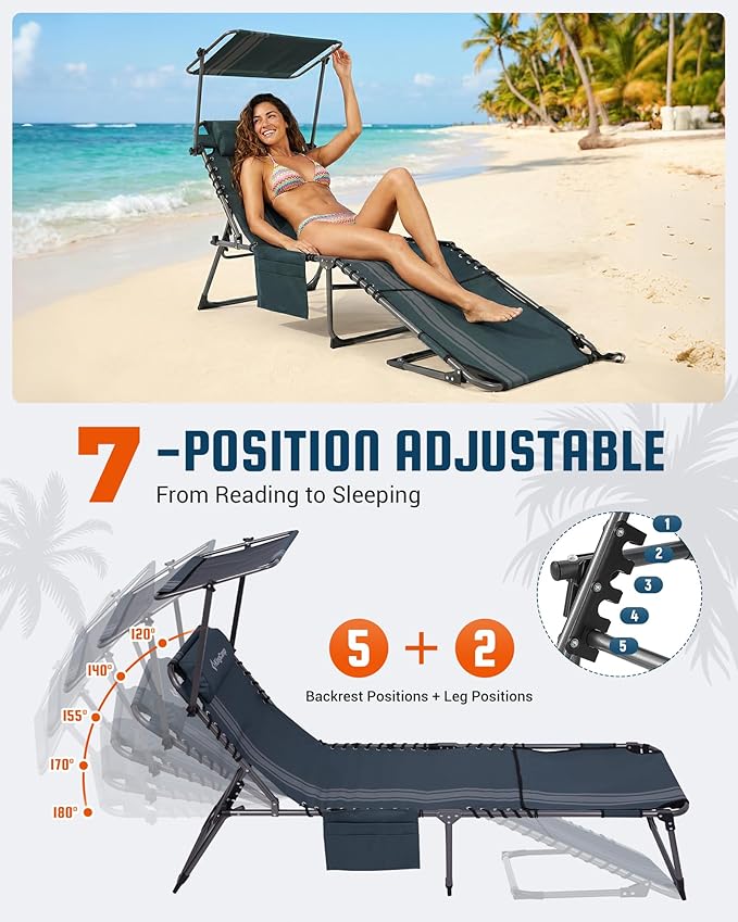 KingCamp Lounge Chair with face Hole & Canopy Shade, 400LBS Folding Portable Tanning Chair with face Hole - Photo 6