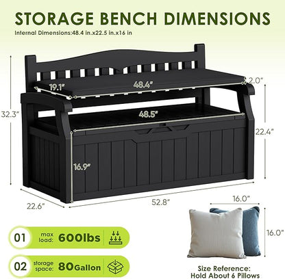 Greesum 80 Gallon Heavy-Duty Outdoor Storage Bench with Cushion, UV-Resistant Resin Bench with Armrest, Deck Box for Garden, Poolside, Patio, Black
