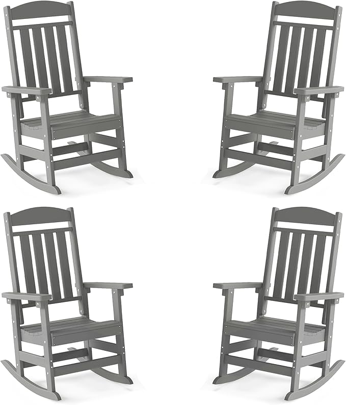 FOOWIN Outdoor Rocking Chair Set of 4, High Back Patio Rocking Chair, HDPE All Weather Resistant Porch Rocker for Adult, Oversized Rocking Chairs for Garden, Lawn, Indoor & Outdoor Use, Grey