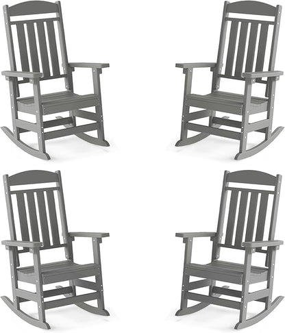 FOOWIN Outdoor Rocking Chair Set of 4, High Back Patio Rocking Chair, HDPE All Weather Resistant Porch Rocker for Adult, Oversized Rocking Chairs for Garden, Lawn, Indoor & Outdoor Use, Grey