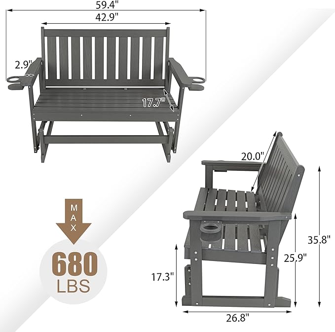 Poly Lumber Patio Glider, HIPS Material Weather-Resistant Swing Bench for Outdoor Porch Garden, Gray - Photo 2
