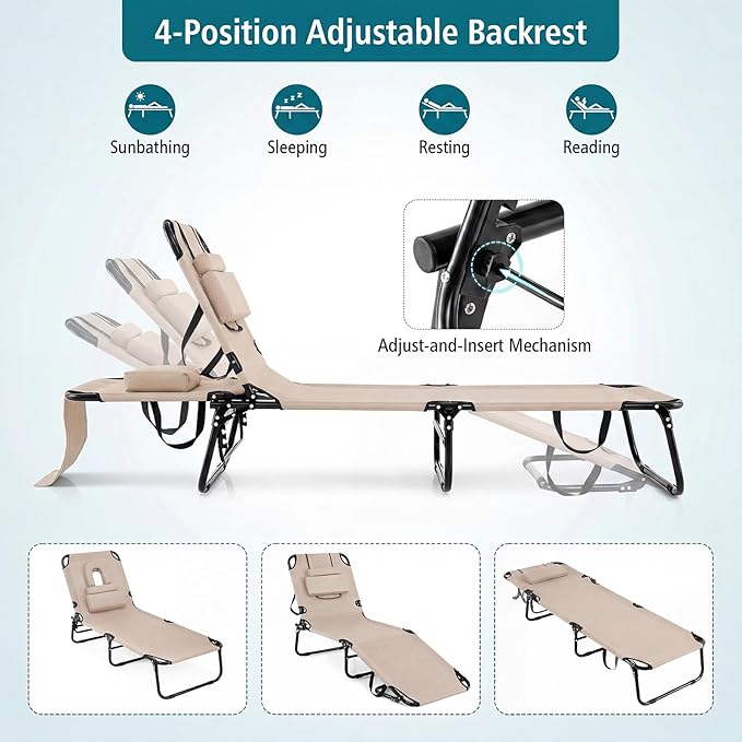 GYMAX Tanning Chair, Folding Lounge Chairs with Face Hole & Cover, Removable Pillow Carry Handle - Photo 5