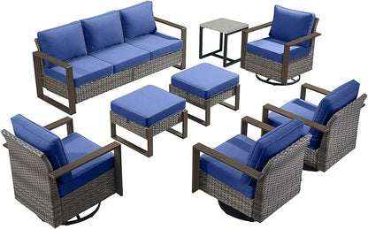 Rilyson Outdoor Wicker Patio Furniture Set - 8 Piece Patio Conversation Set with 4 Wicker Swivel Rocker Chairs,2 Rattan Ottoman 1 Side Table and 1 Couch,Thick Cushions,Deep Seating(Mixed Grey/Blue)